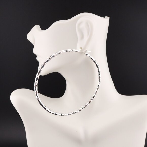 Statement Jewelry Women's Sterling Silver Extra Large Twisted Rope Hoop Earrings - Picture 4 of 9